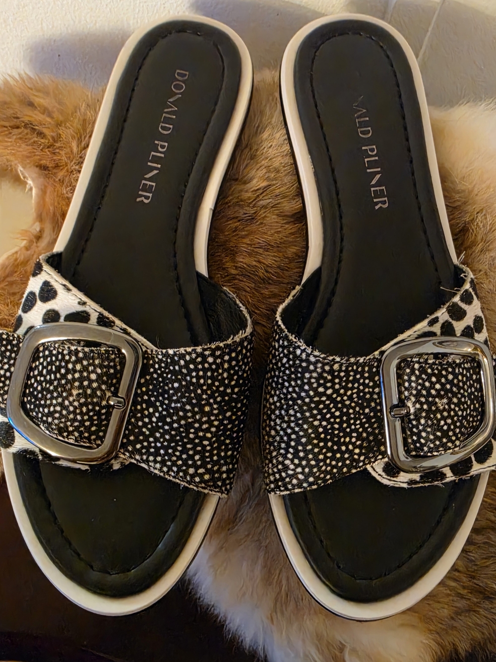 Donald J. Pliner Black & White Slide Sandals with Buckle